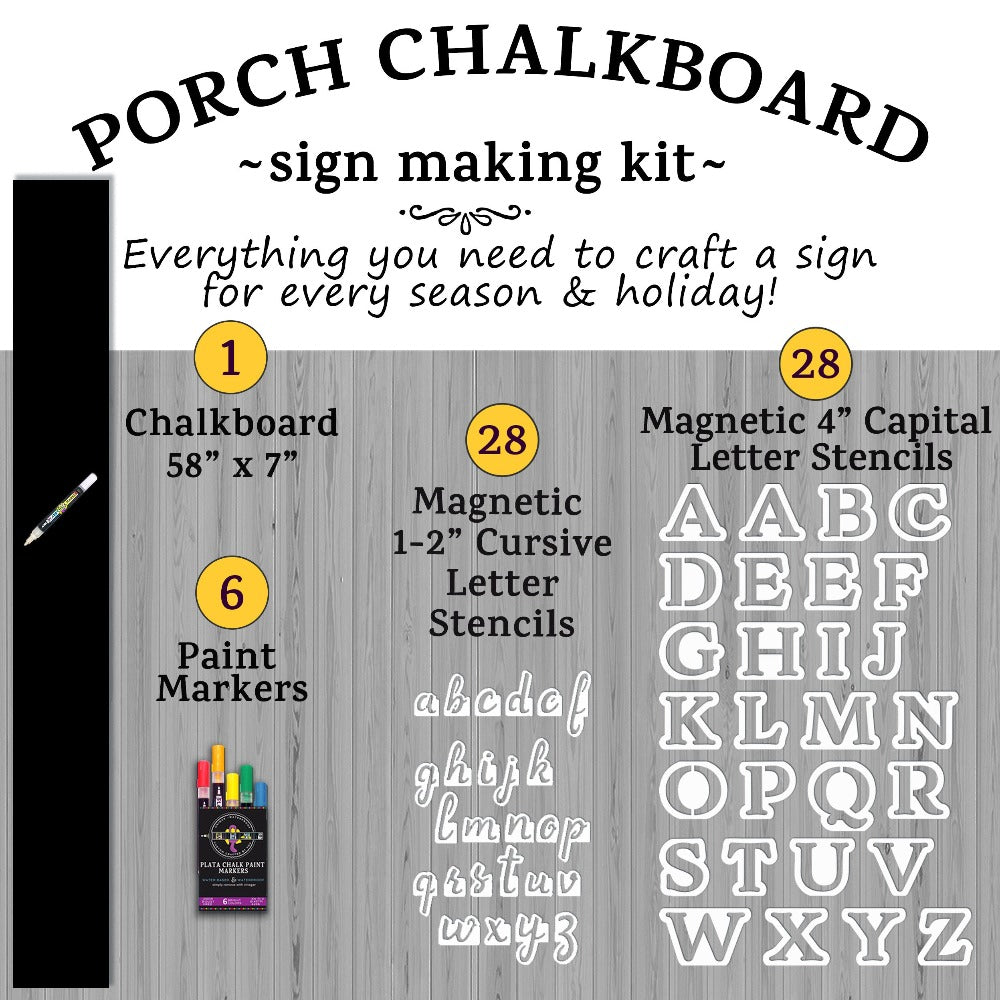 Outdoor chalkboard sign DIY welcome sign craft kit with letter stencils, chalkboard eraser, erasable paint pens for making holiday signs 