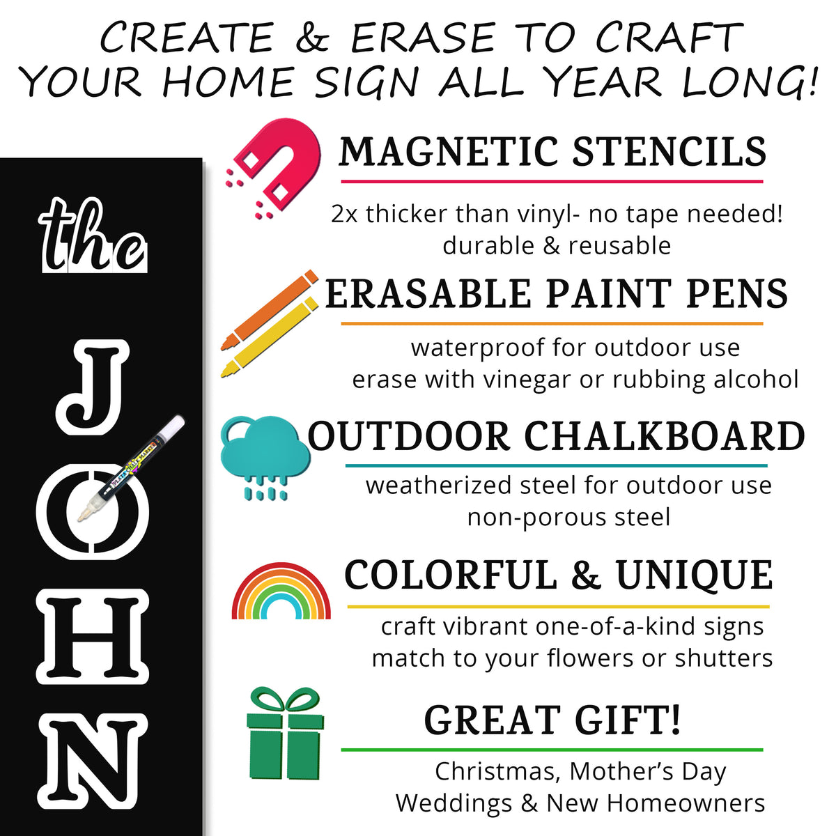 Why Plata Chalkboard Welcome Sign Stencil Kits are the easy way to make custom signs- magnetic stencils, erasable paint pens, weatherized chalkboard for changeable holiday porch decor