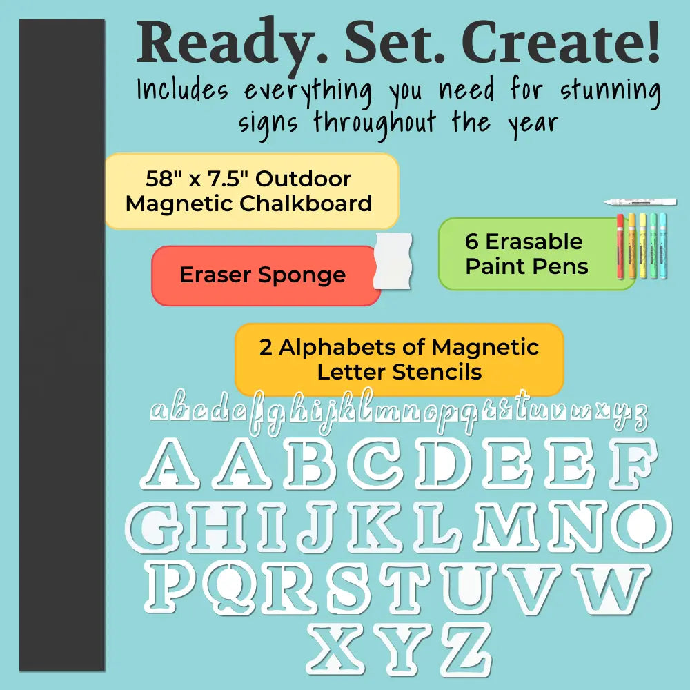 Large  chalkboard sign kit featuring an outdoor magnetic blackboard (58” x 7.5”), 6 erasable paint pens, eraser sponge, and two alphabets of magnetic chalkboard stencils- large 4&quot; letter stencils and 2&quot; cursive letter stencils. Perfect for creating interchangeable welcome signs and holiday signs for seasonal porch decor