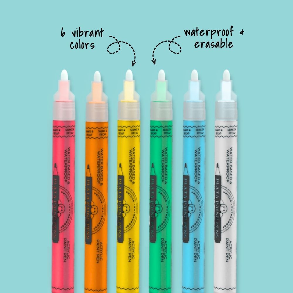 Set of six waterproof erasable paint markers in red, orange, yellow, green, blue and white designed for use on magnetic outdoor chalkboards. Waterproof markers are easy to clean for craft projects.