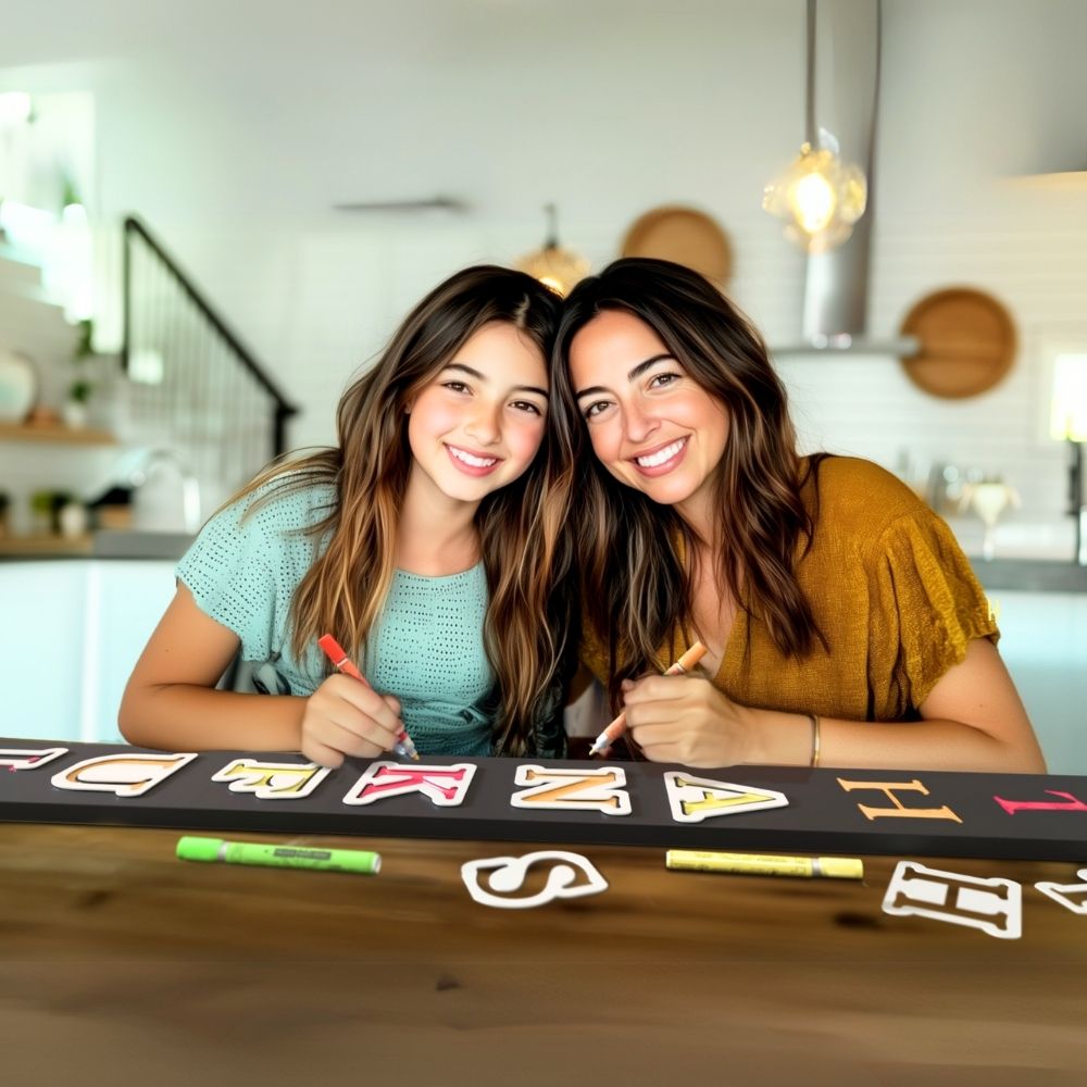 Mother and daughter family craft activity making custom signs using an outdoor chalkboard craft kit with magnetic stencils and chalk markers. The design celebrates holidays like Easter, Halloween, and Christmas, inspiring family traditions and creative memories.