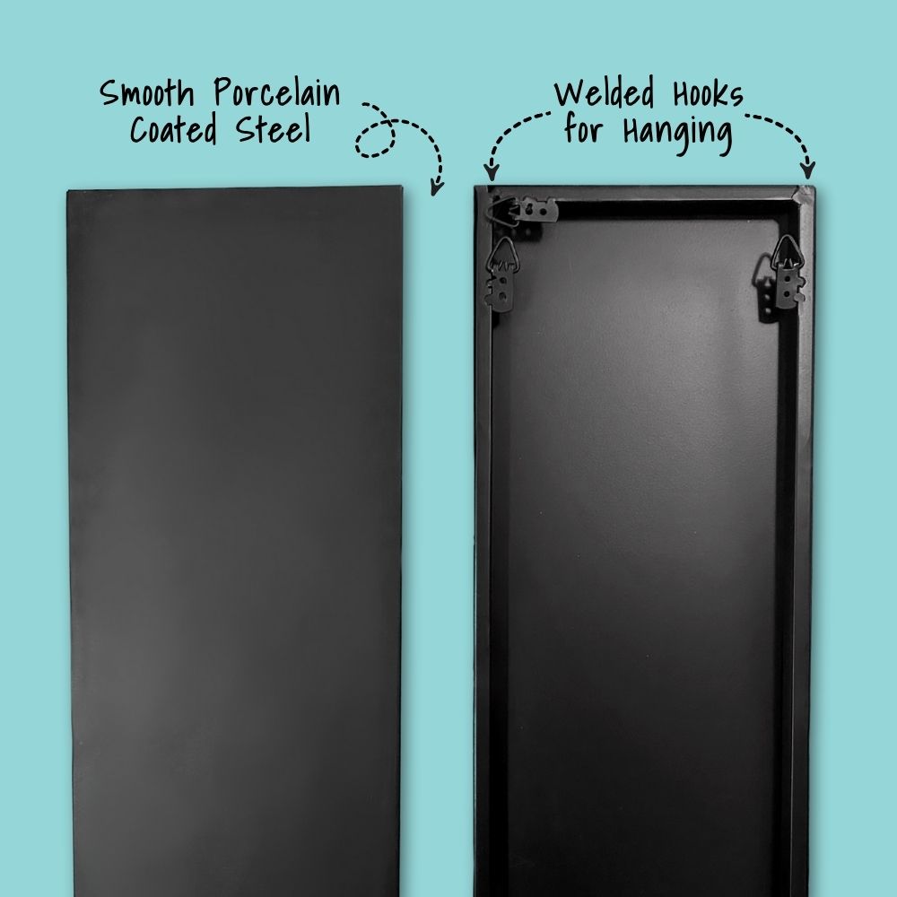 Front of a large outdoor magnetic chalkboard showing smooth porcelain steel non-porous surface and back of chalkboard with welded hooks for wall hanging chalkboard