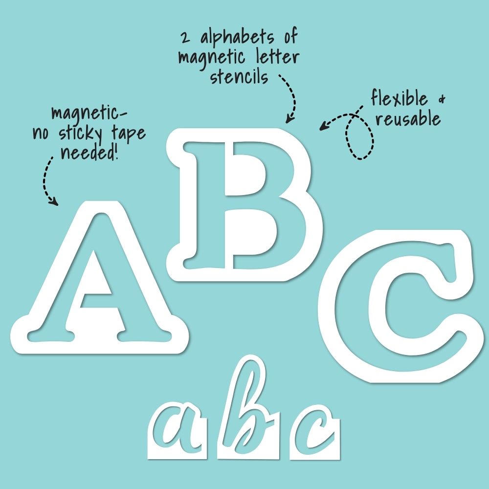 Two magnetic reusable  letter stencils  alphabets, 4&quot; large letter stencils and 2&quot; cursive letter stencils for chalkboard lettering. Flexible and easy to position for perfect sign lettering every time.