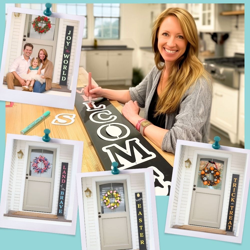 Smiling woman creating a custom porch sign with a chalkboard kit featuring magnetic stencils and erasable paint markers. Includes examples of seasonal designs like ‘Joy to the World,’ ‘Happy Easter,’ and ‘Trick or Treat.’ Perfect for DIY porch decor and home personalization.