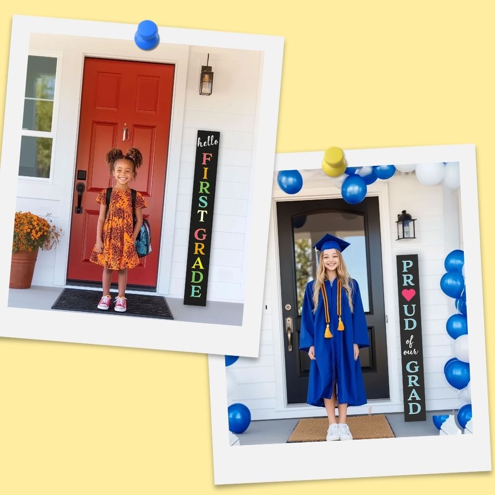 Customizable chalkboard signs for milestones, first day of school chalkboard &#39;Hello First Grade&#39; and graduation sign &#39;Proud of Our Grad,&#39; designed using outdoor chalkboard, magnetic letter stencils and erasable markers. Perfect for celebrating school achievements and special occasions