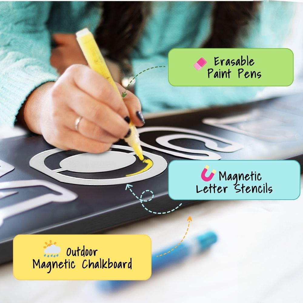 Close-up view of a magnetic chalkboard using magnetic letter  stencils and yellow erasable paint pen for chalkboard lettering to create a front porch welcome sign  