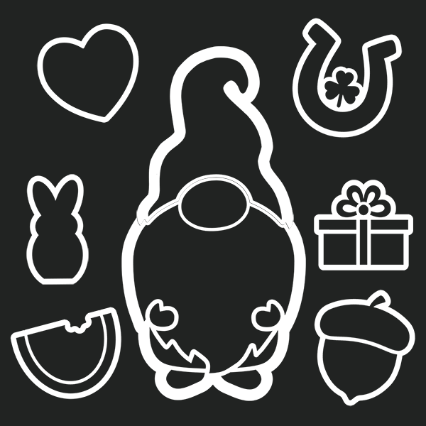 Plata Chalkboards Holiday gnome chalkboard stencil set, gnome stencil with 6 interchangeable holiday designs- heart, horseshoe, bunny, watermelon, acorn and Christmas present magnetic stencils