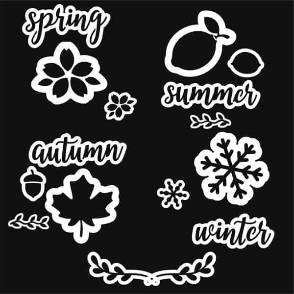 Magnetic Four Season Chalkboard Calligraphy Stencils: Spring word stencil with small and large flower stencils, Summer word stencil with small and large lemon stencils, Autumn word stencil with small acorn and large Maple leaf stencil, Winter word stencil